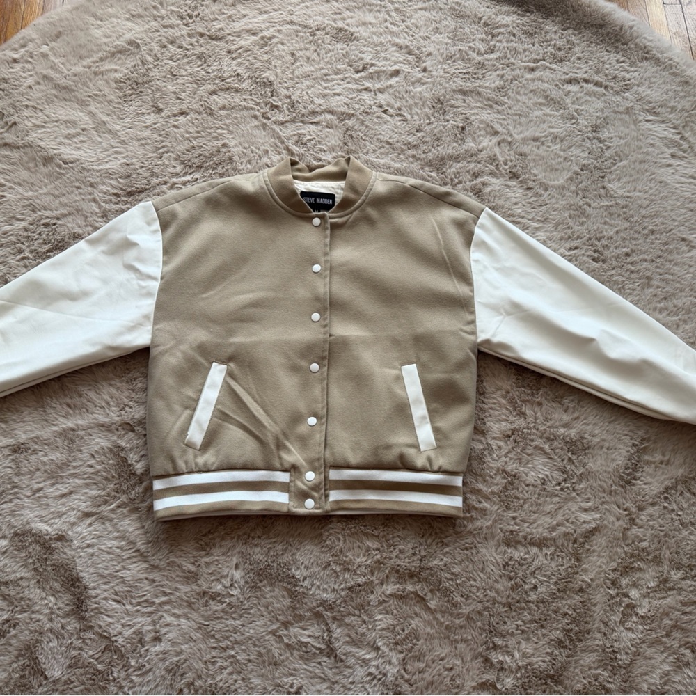 Steve Madden Beige and White Baseball Jacket New Without Tags